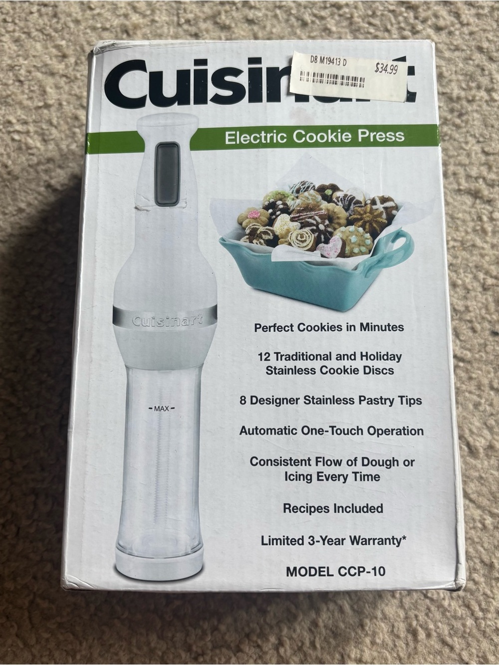 Cuisinart Electric Cookie Press Set CCP-10 12 Discs 8 Tips Yellow Brand New